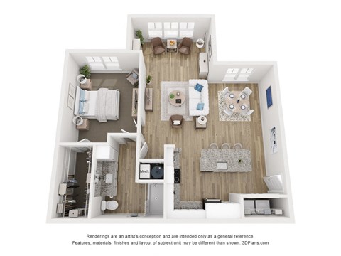 Floor plan for 1 bed, 1 bath, 974 sqft
